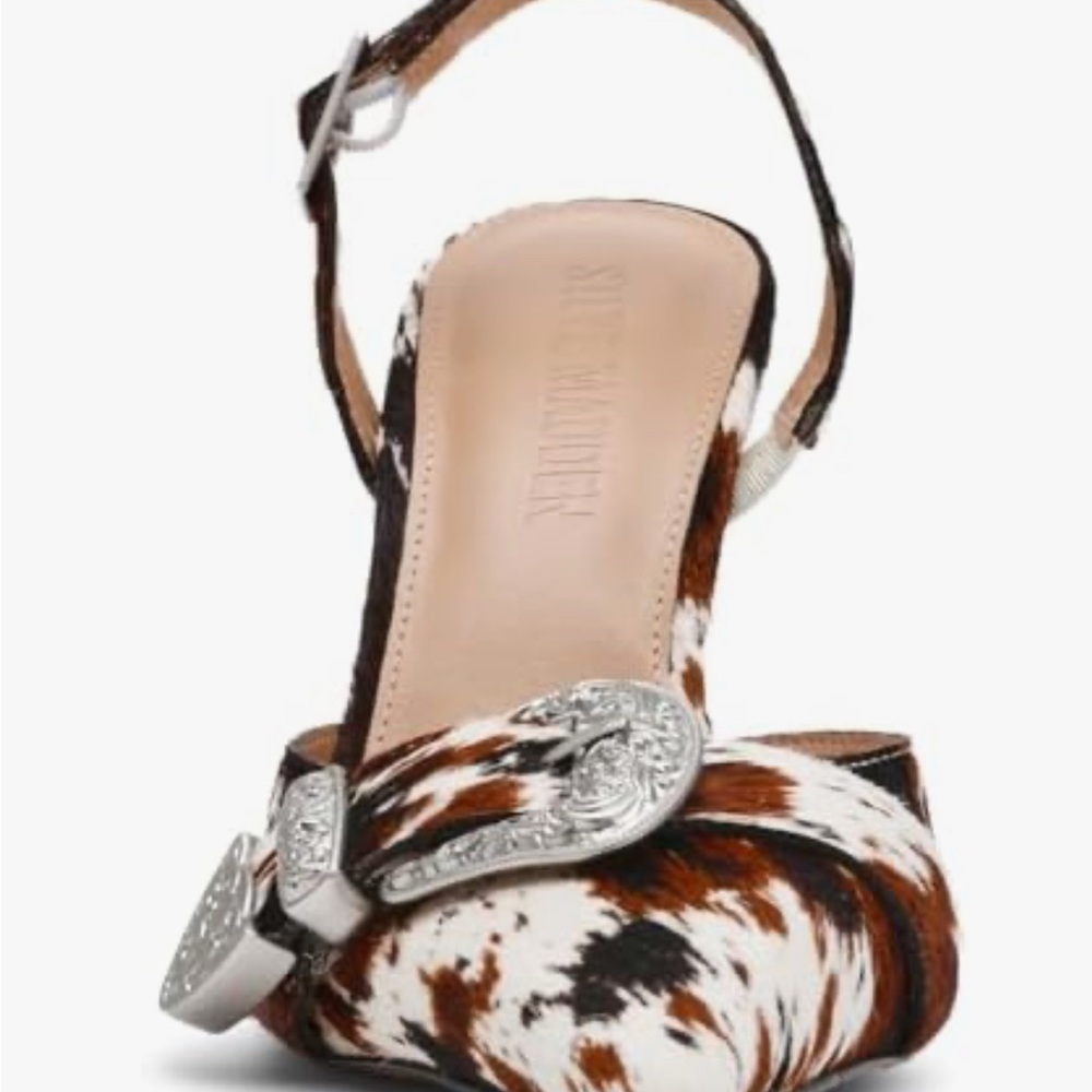 Steve Madden Brown White Cow Print Pointed Slingback Heels with Silver Buckles - Picture 8 of 12